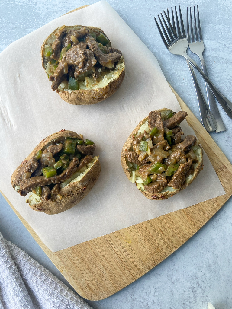 Philly Cheesesteak Loaded Baked Potato (Dairy Free & Gluten Free)