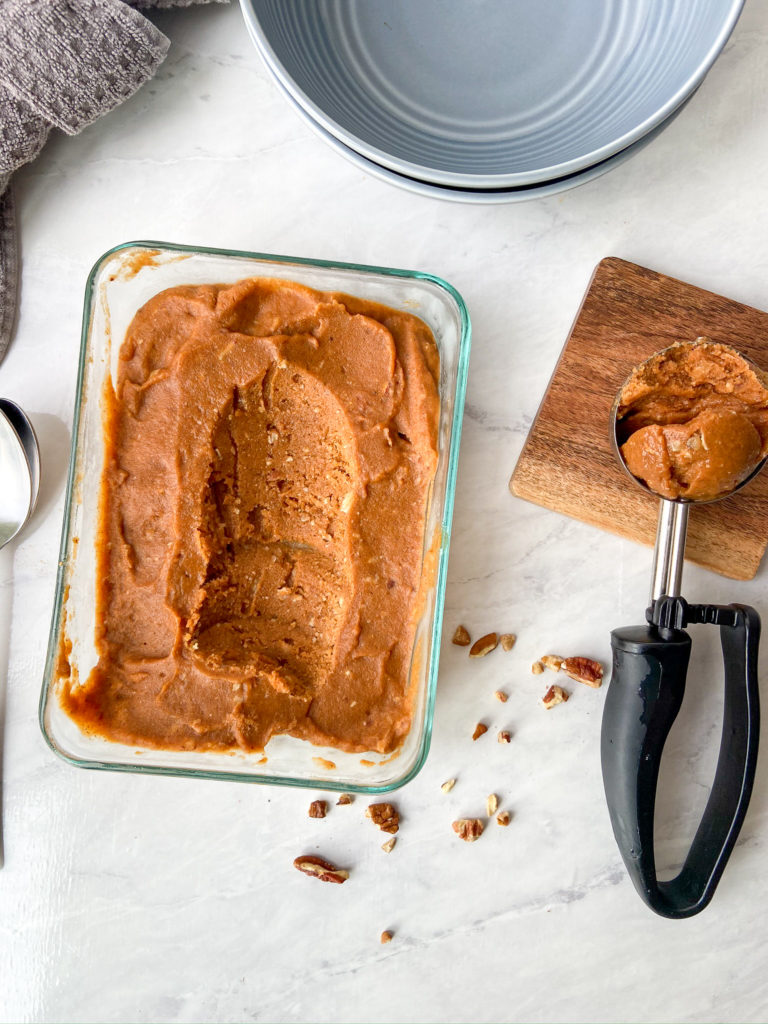 Pumpkin Nice Cream with Caramelized Pecan Sauce