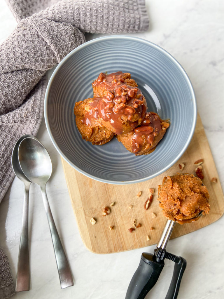 Pumpkin Nice Cream with Caramelized Pecan Sauce