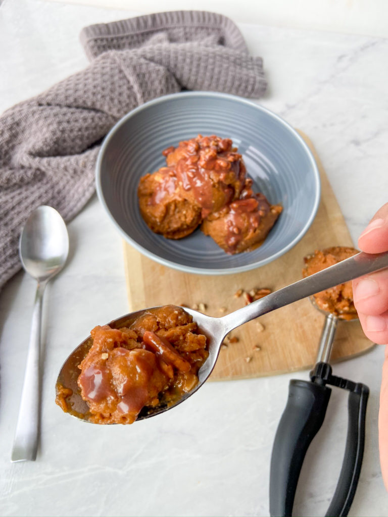 Pumpkin Nice Cream with Caramelized Pecan Sauce