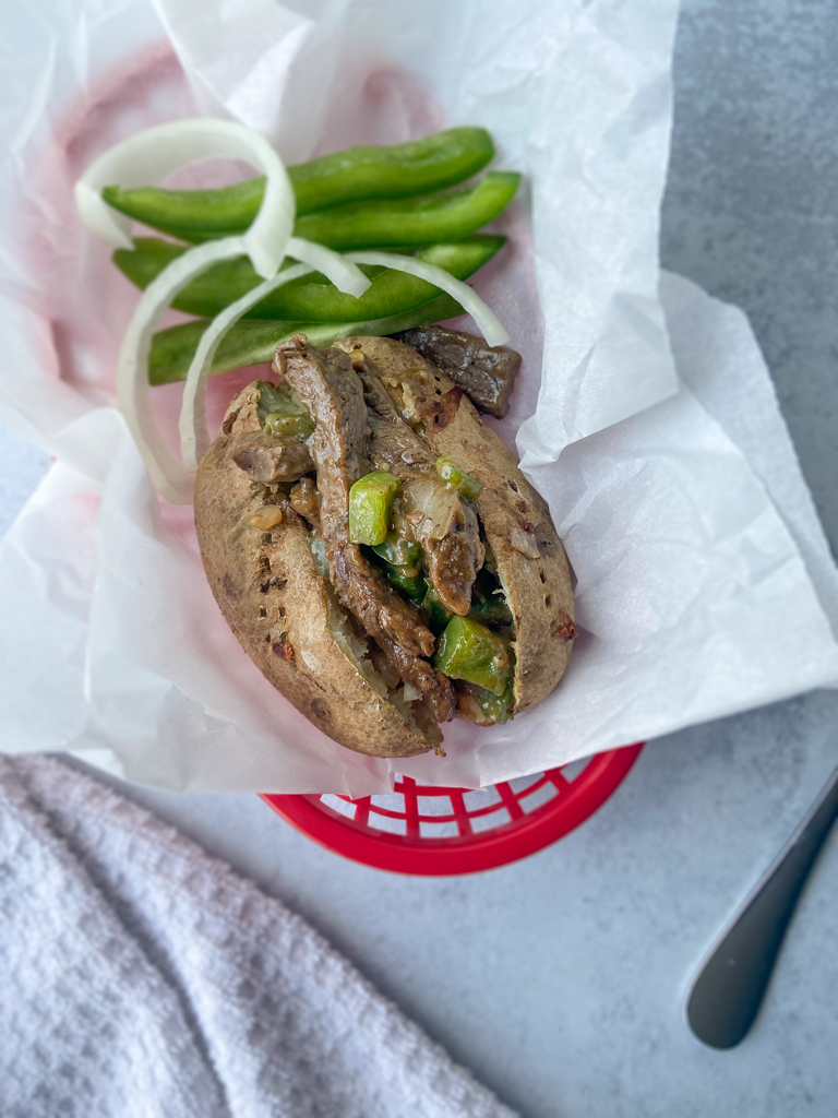 Philly Cheesesteak Loaded Baked Potato (Dairy Free & Gluten Free)