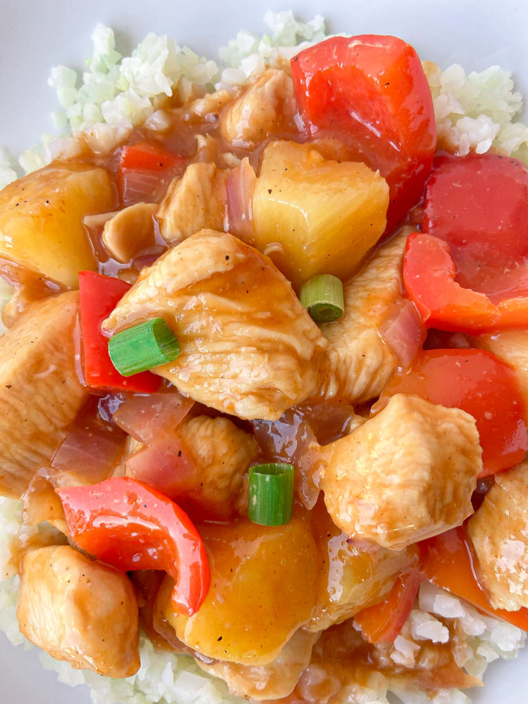 Sweet and sour chicken served over rice