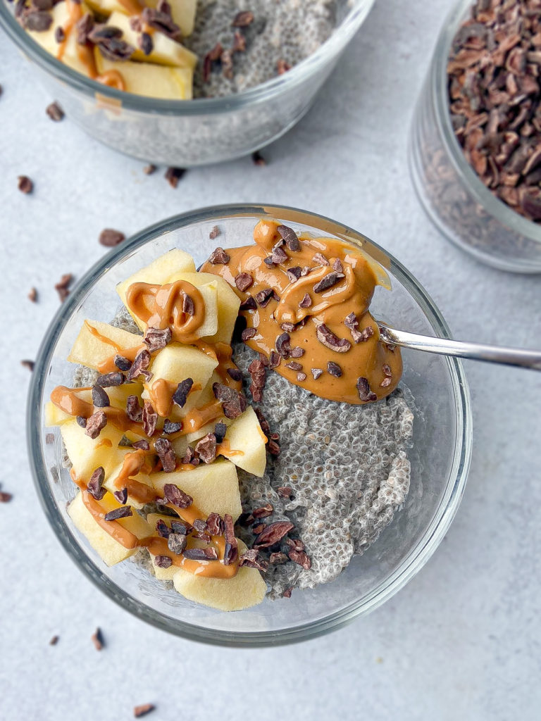 Peanut butter drizzled over chia seed pudding